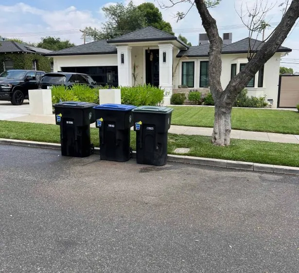 Three clean black trash bins at the curb in front of a home